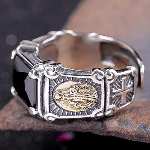 Real Solid 925 Sterling Silver Ring Virgin Mary Black Agate Punk Jewelry Open Size 8 9 10 11