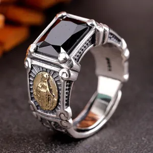 Real Solid 925 Sterling Silver Ring Virgin Mary Black Agate Punk Jewelry Open Size 8 9 10 11