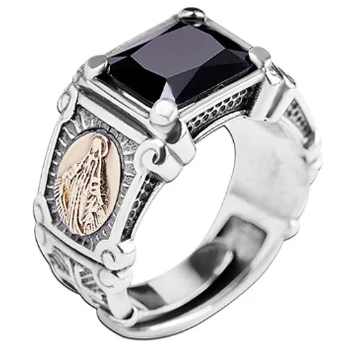 Real Solid 925 Sterling Silver Ring Virgin Mary Black Agate Punk Jewelry Open Size 8 9 10 11