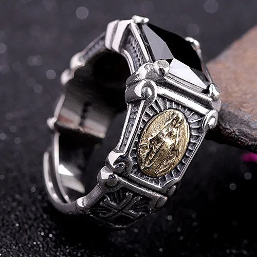 Real Solid 925 Sterling Silver Ring Virgin Mary Black Agate Punk Jewelry Open Size 8 9 10 11