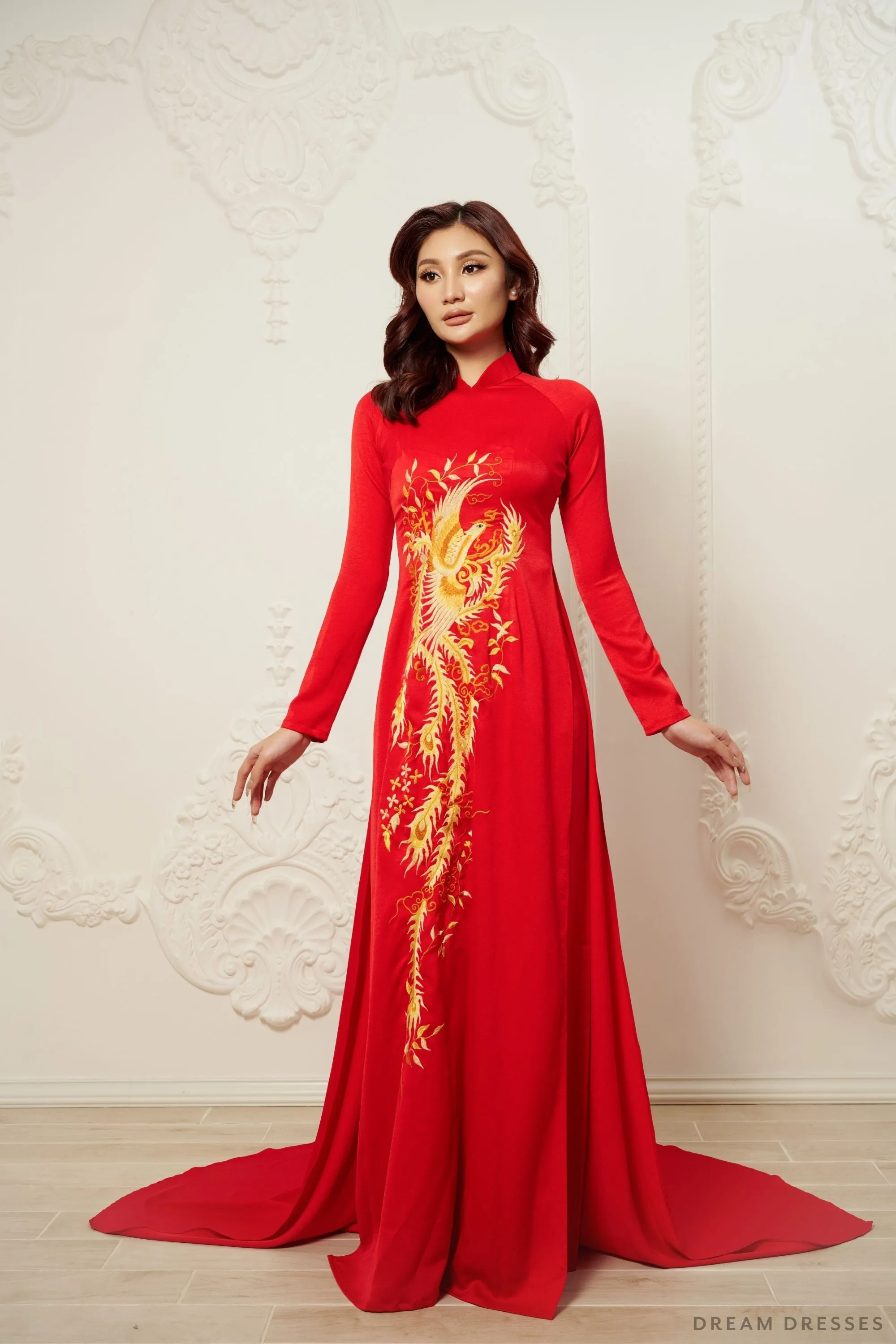 Red Bridal Ao Dai | Vietnamese Traditional Bridal Dress with Phoenix Embroidery (#PING)