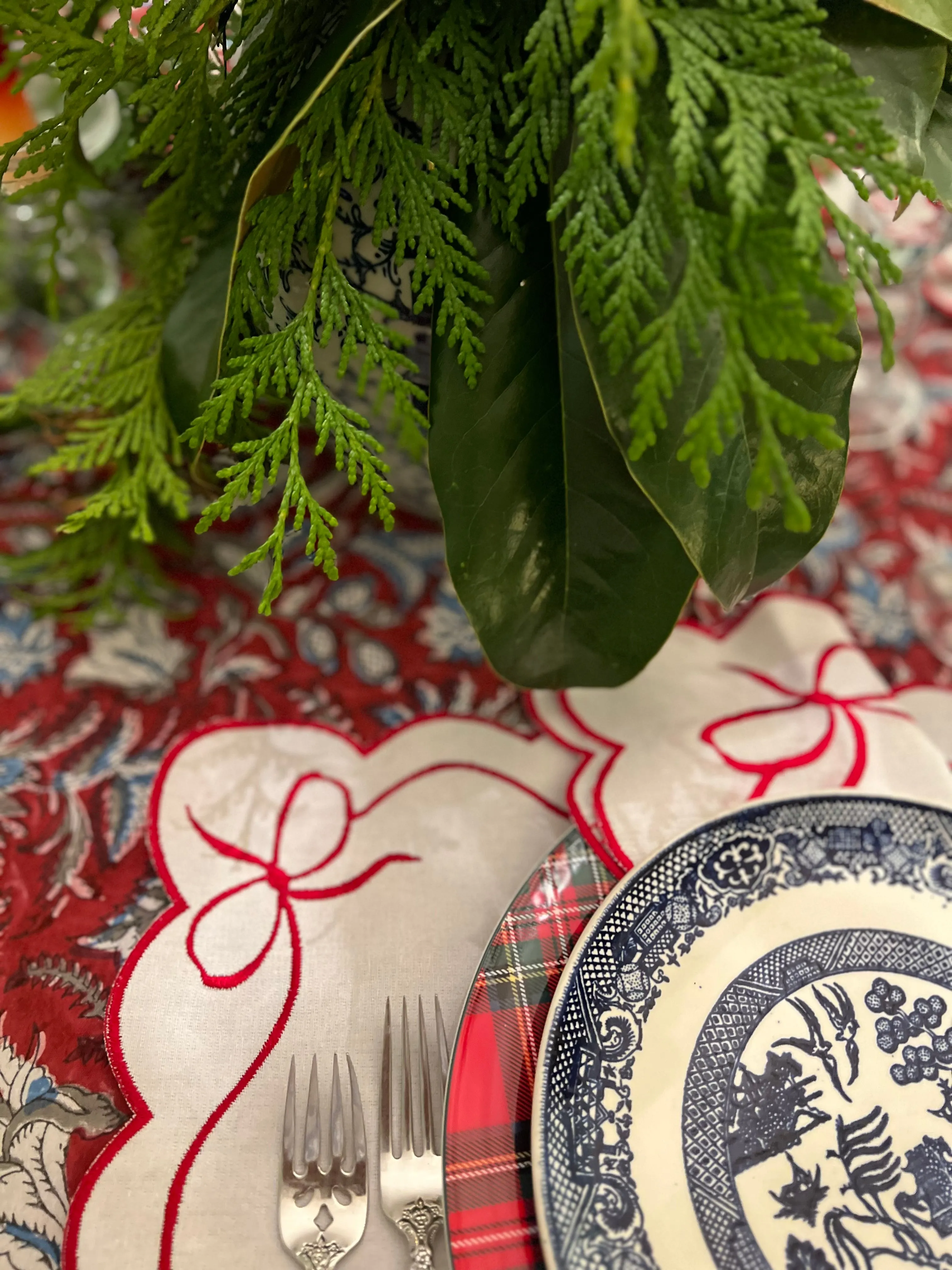 Red Floral Block Print Tablecloth
