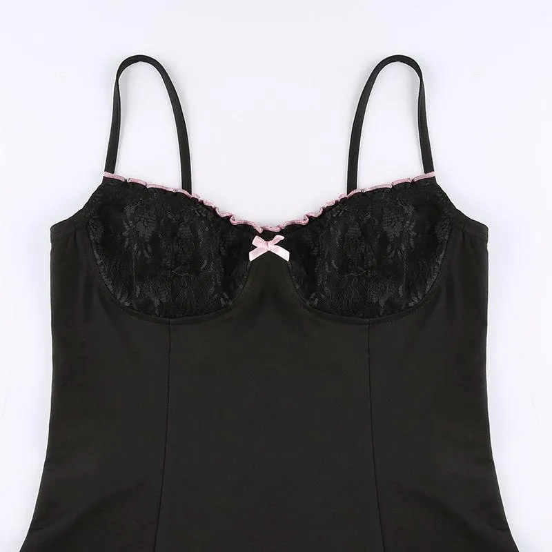 Retro Lace Patchwork Strap Bow Black Dress Mini Fashion Aesthetic Bow Club Party Sexy Dresses for Women Outfits