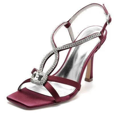 Rhinestone square toe stiletto high-heeled silk sandals