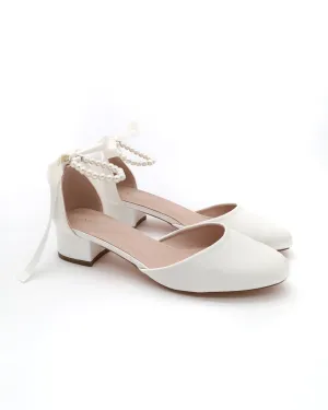 Round Toe Satin Block Heel with All Pearls Ankle Strap