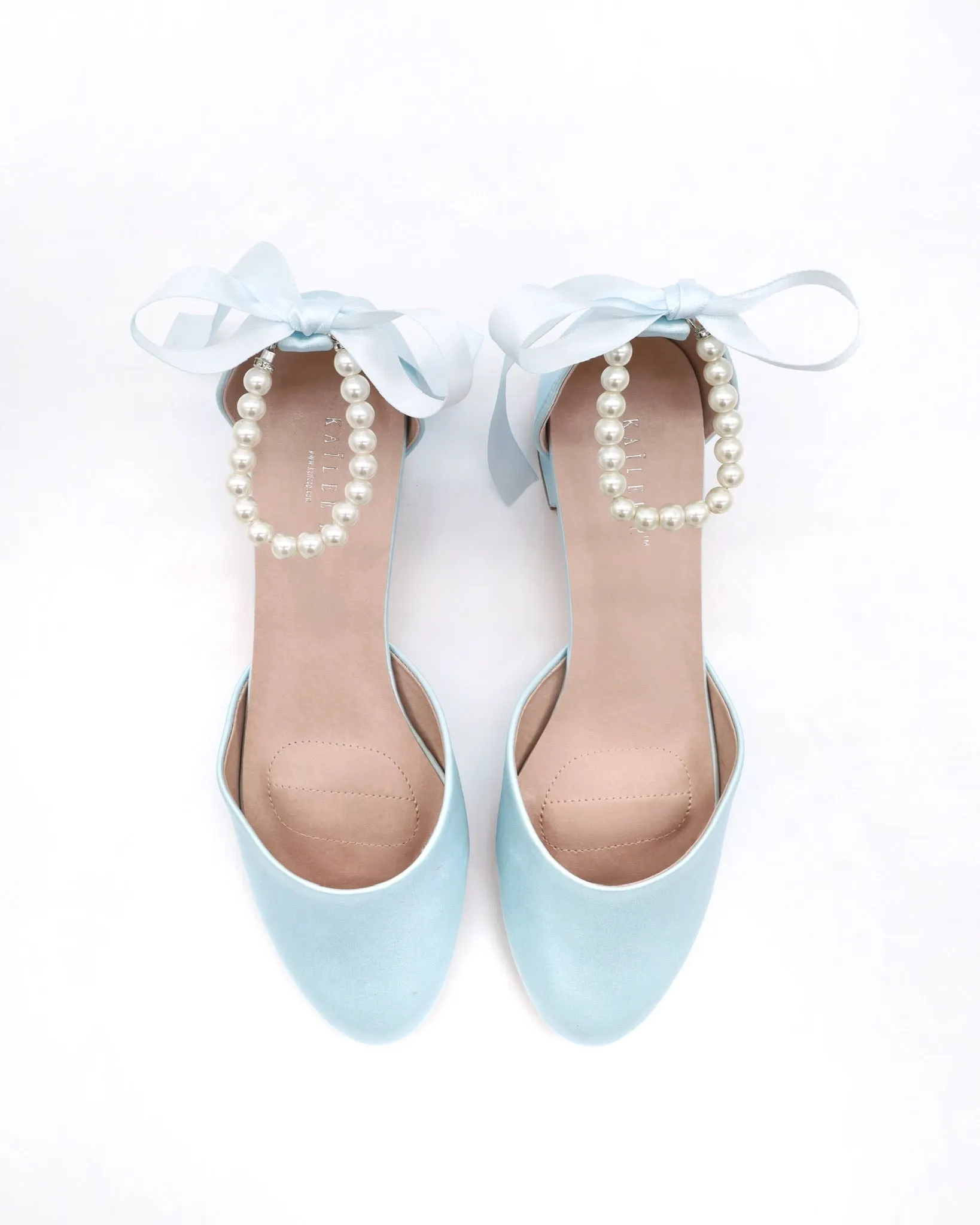 Round Toe Satin Block Heel with All Pearls Ankle Straps