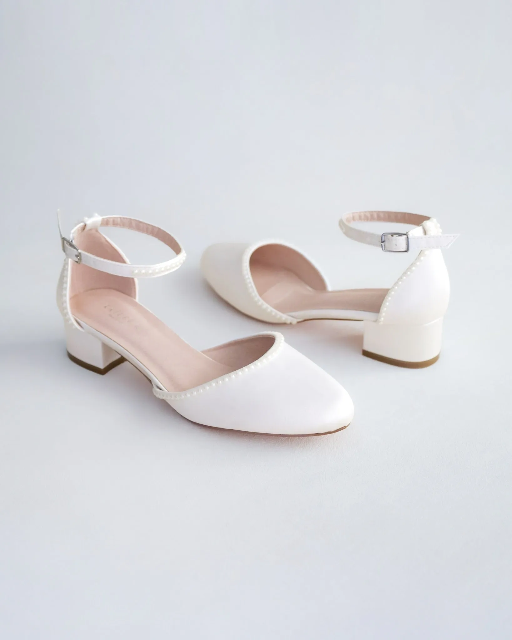 Round Toe Satin Block Heel with Mini Pearls