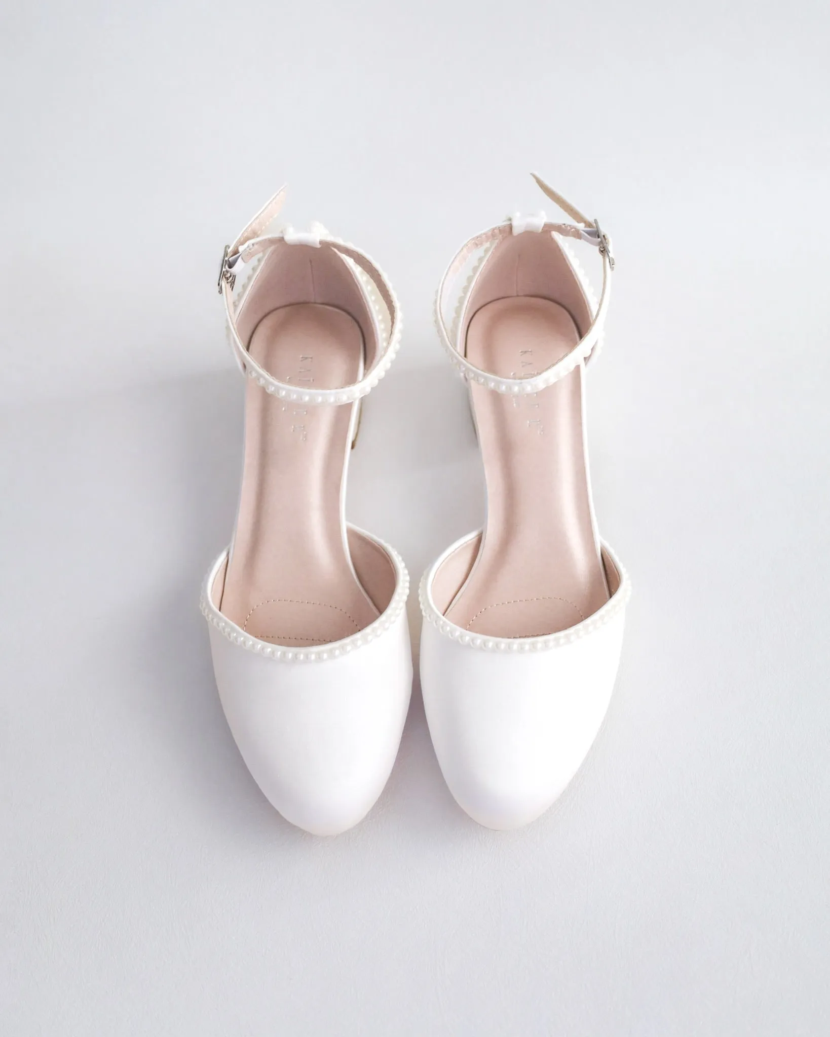 Round Toe Satin Block Heel with Mini Pearls