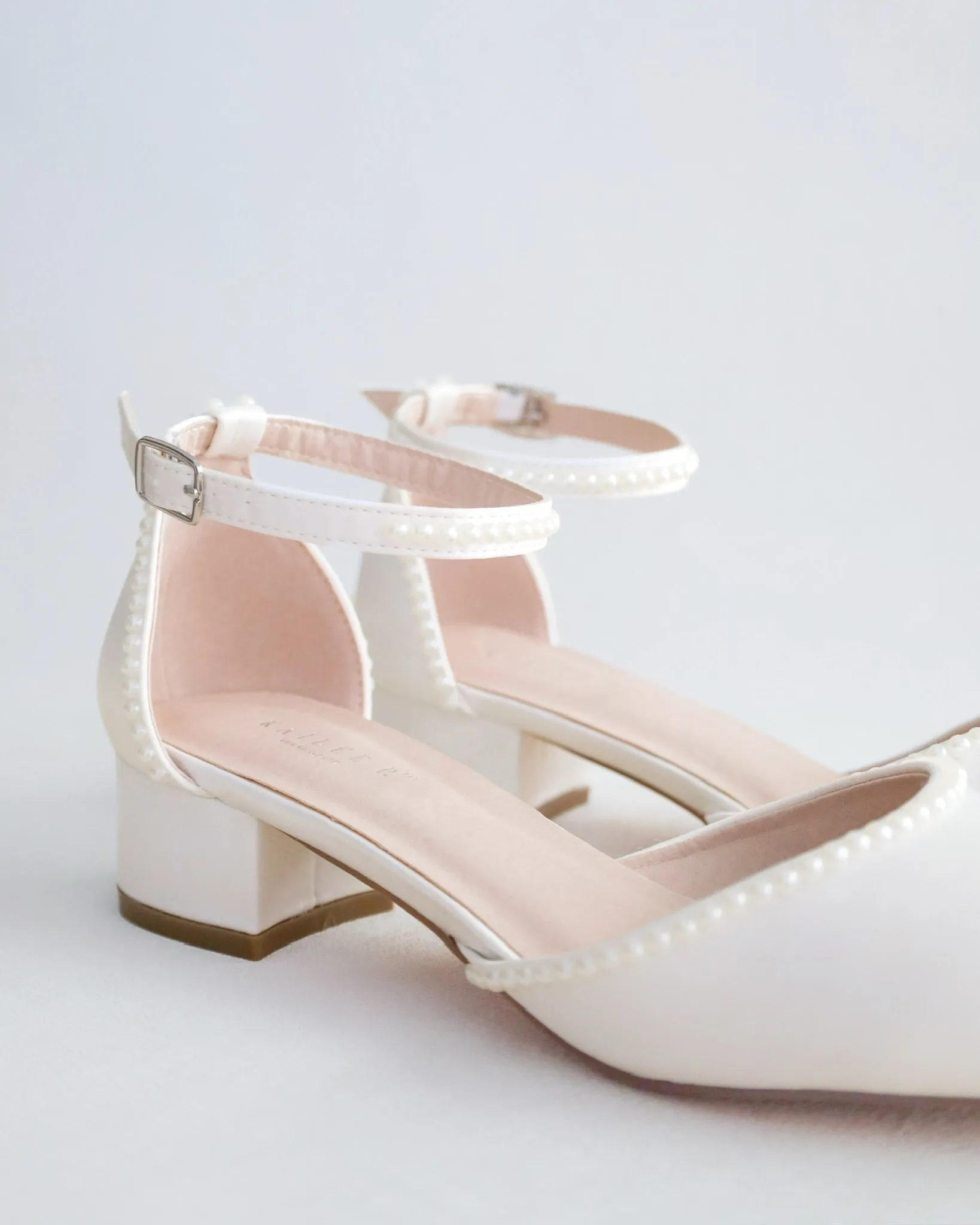 Round Toe Satin Block Heel with Mini Pearls