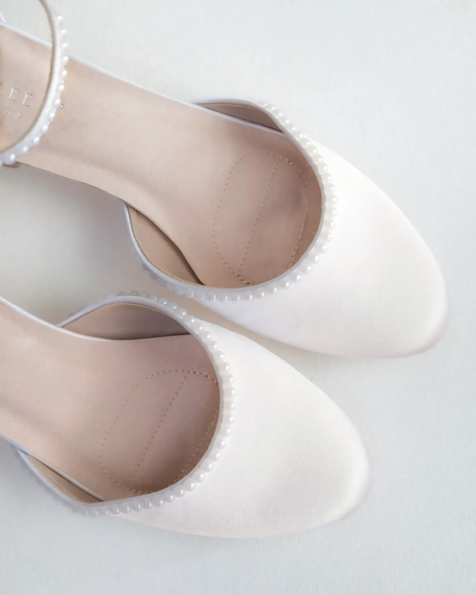 Round Toe Satin Block Heel with Mini Pearls