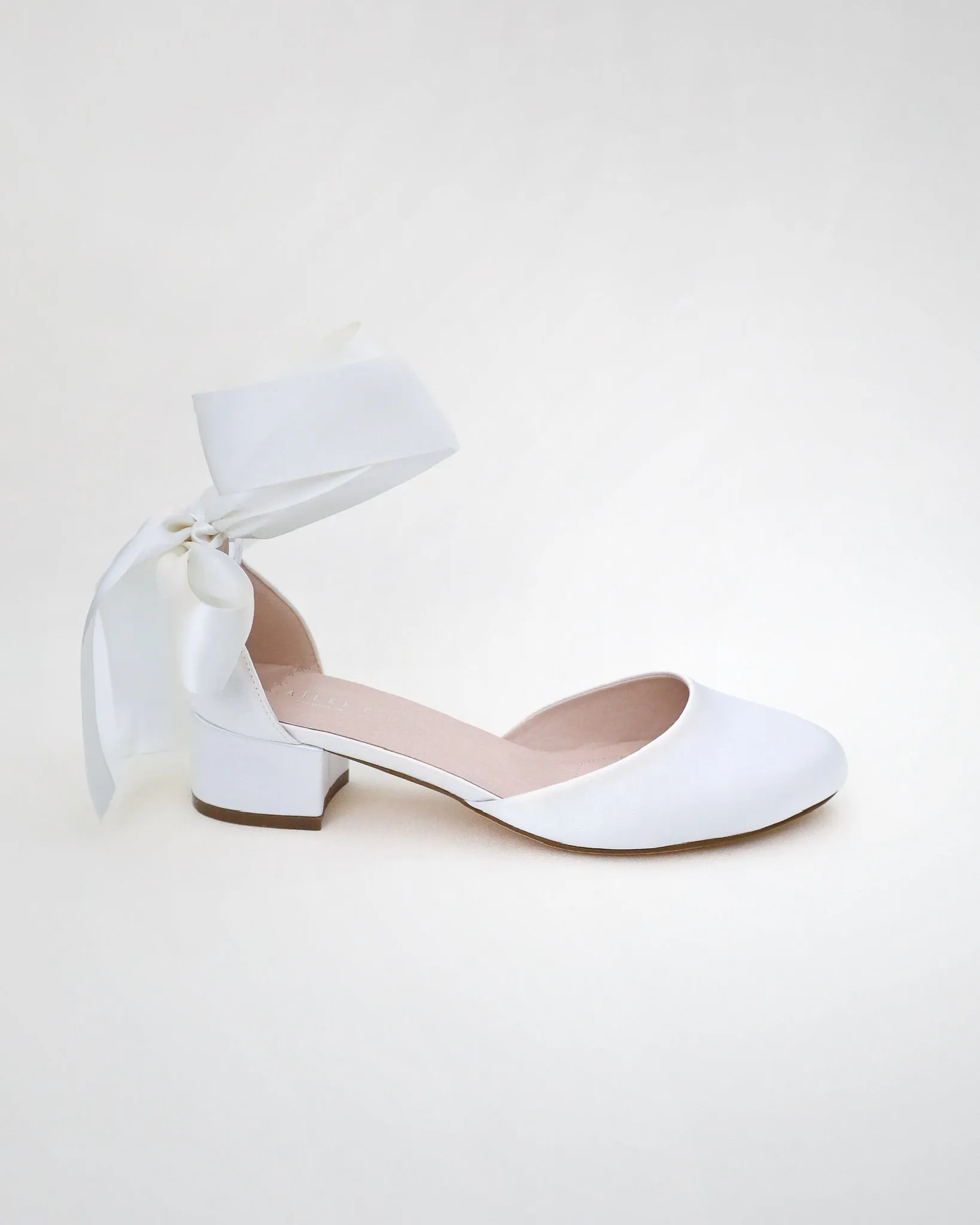 Round Toe Satin Block Heel with Wrapped Ribbon Tie