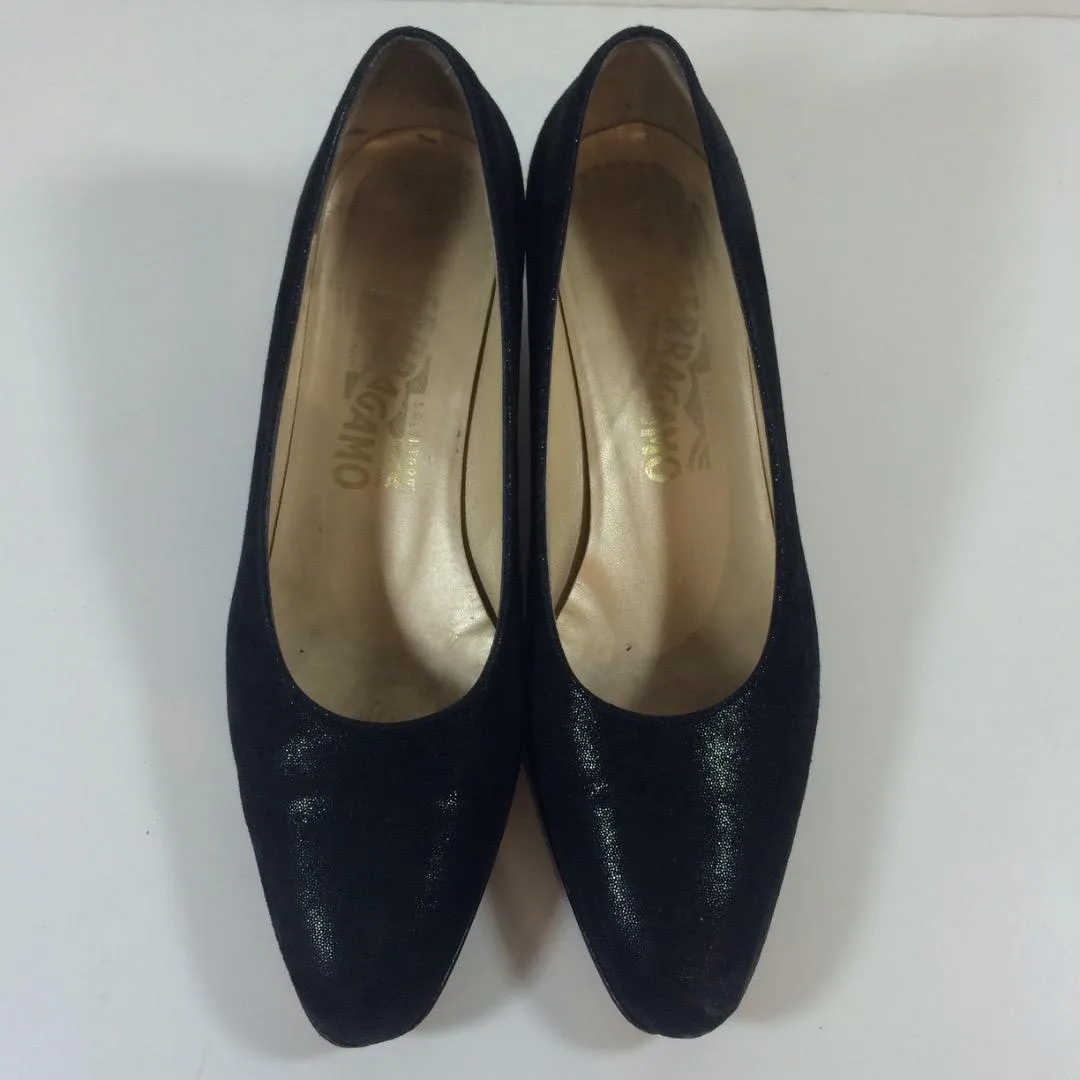 SALVATORE FERRAGAMO Black Suede Sparkly Round Toe Low Heel Pumps Size 7 1/2