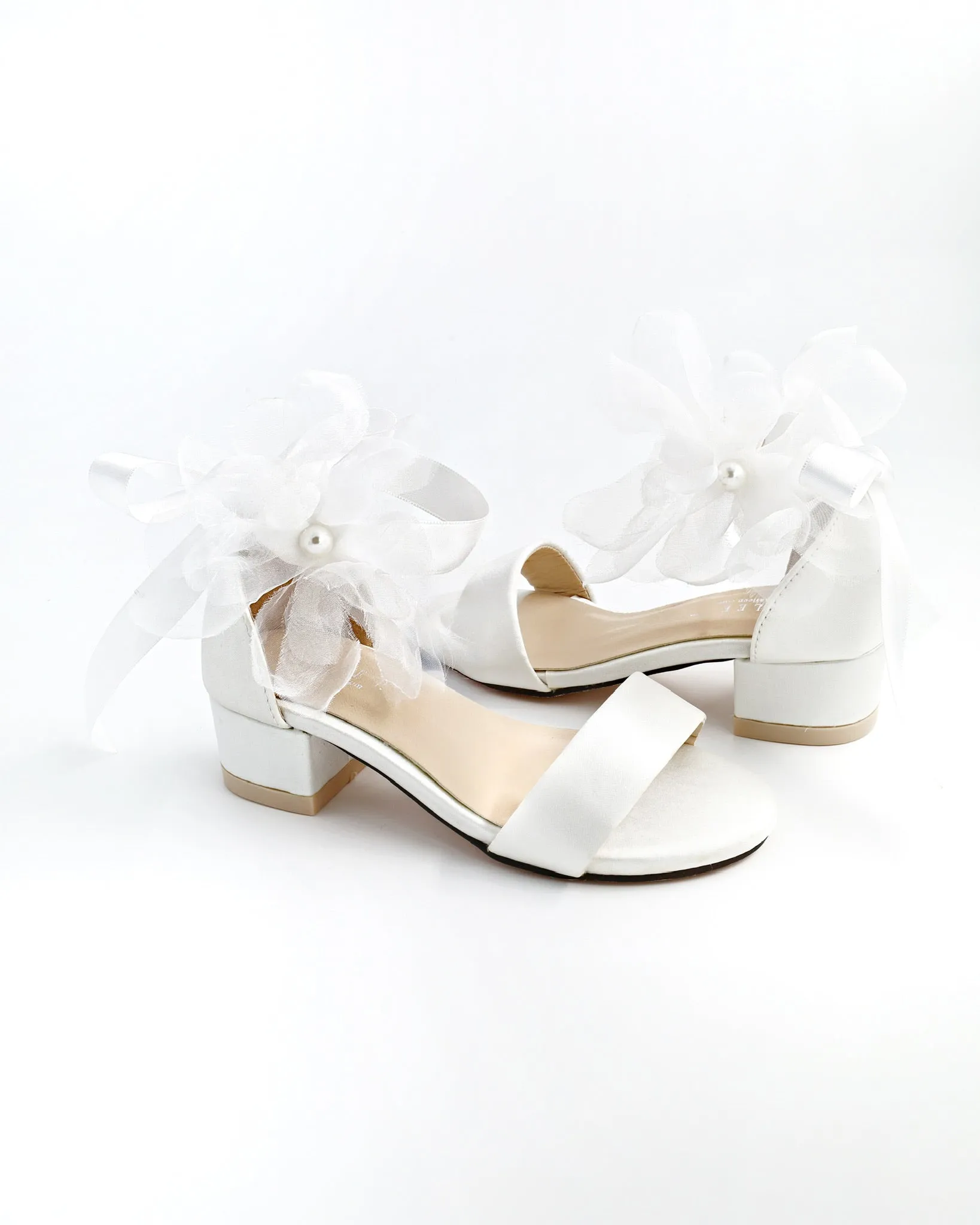 Satin Block Heel Girls Sandals with Ophelia Flowers
