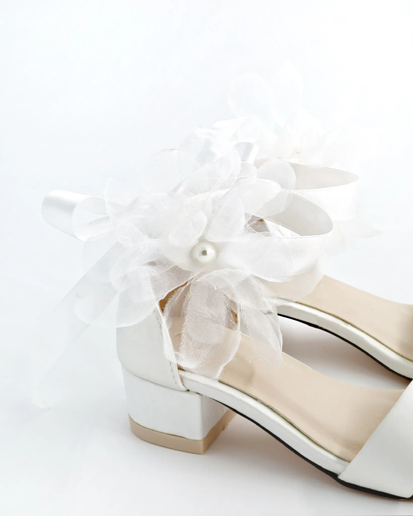 Satin Block Heel Girls Sandals with Ophelia Flowers