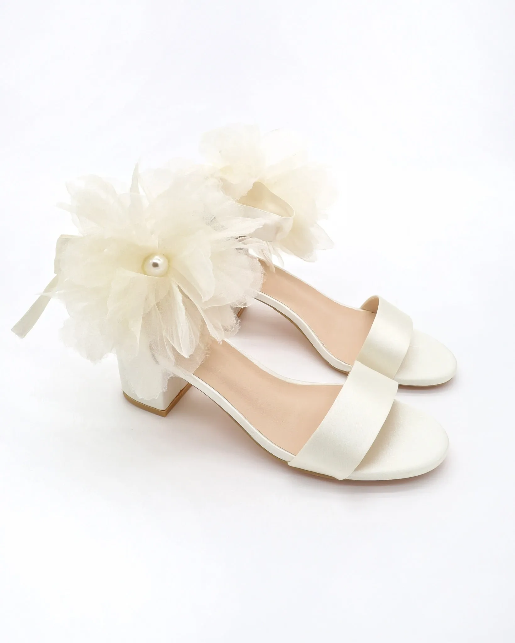 Satin Block Heel Wedding Sandals with Ophelia Flowers