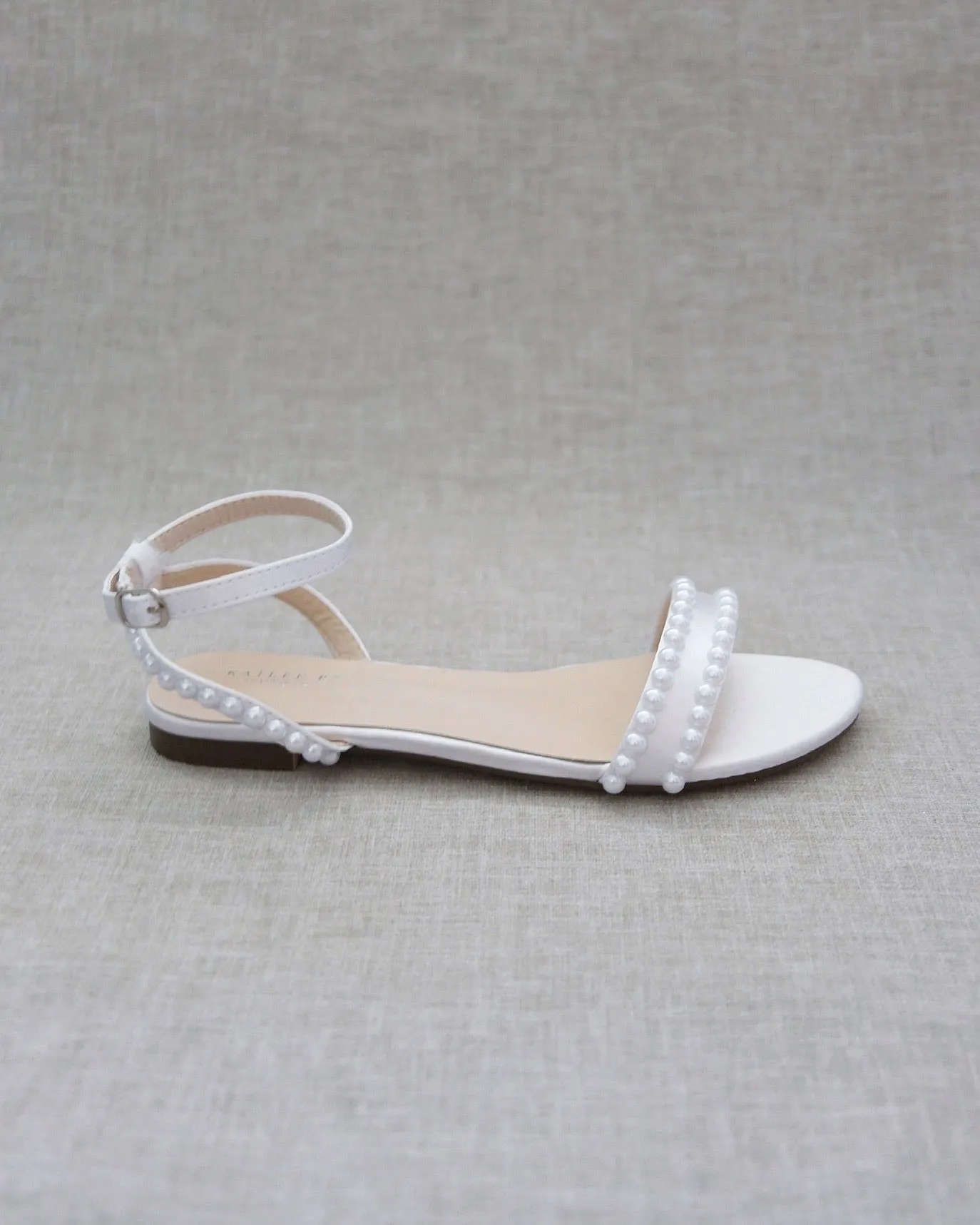 Satin Flat Sandal with Pearls and Ankle Strap