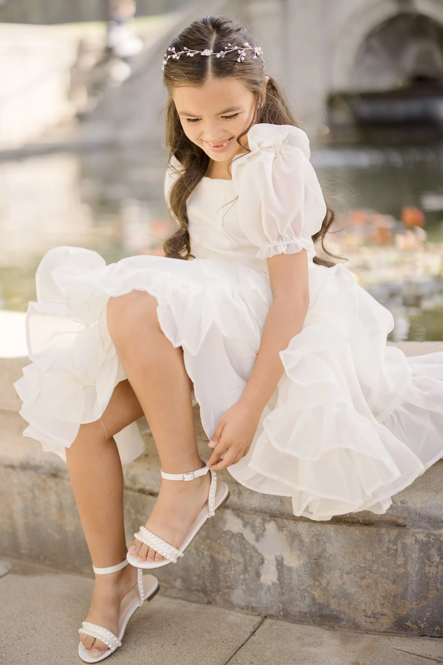 Satin Flat Sandal with Pearls and Ankle Strap