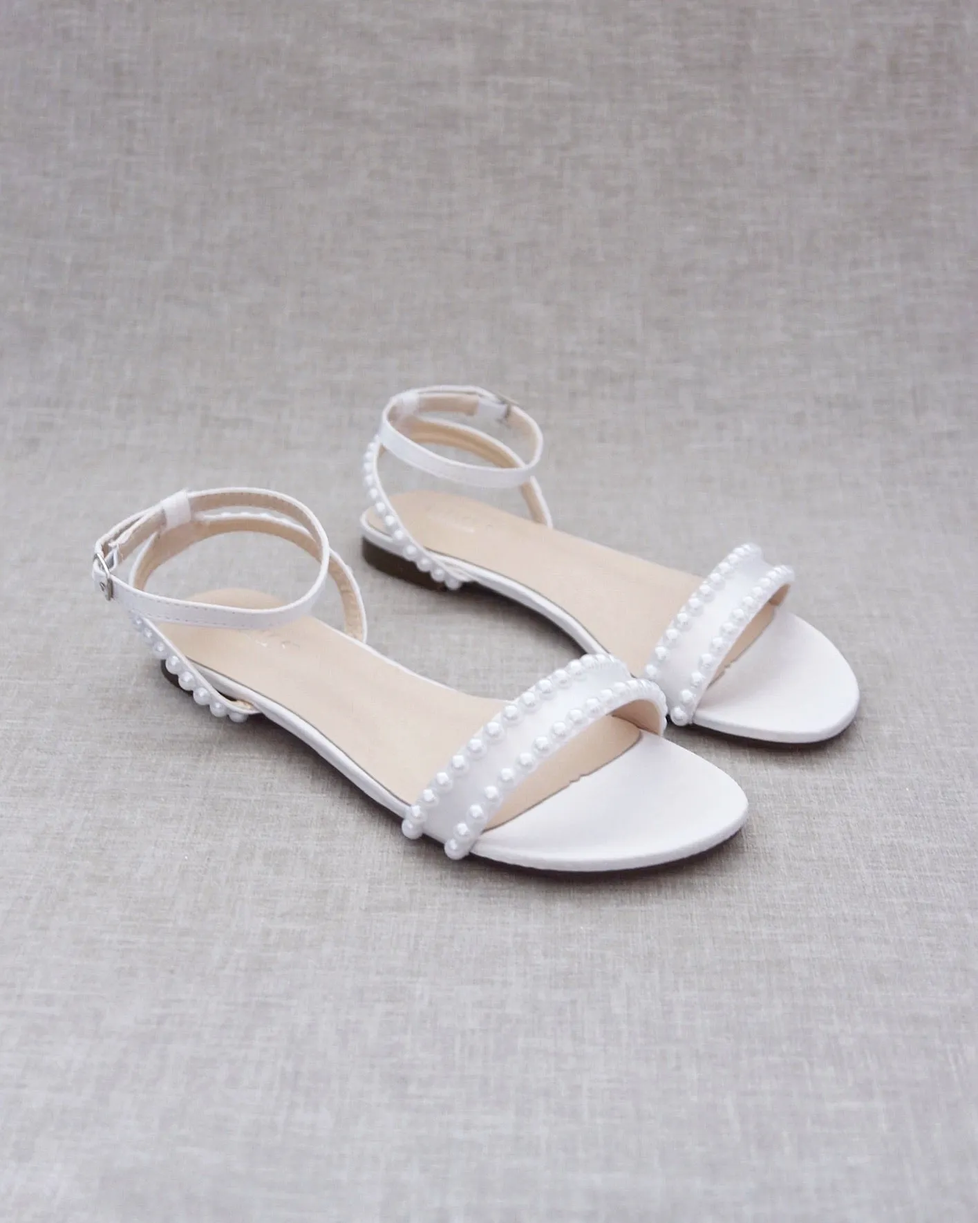 Satin Flat Sandal with Pearls and Ankle Strap