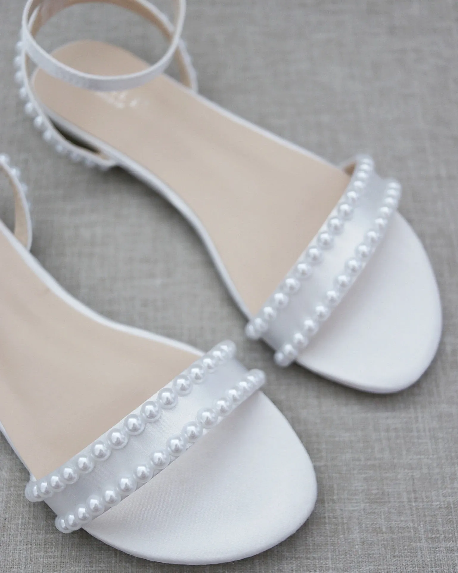 Satin Flat Sandal with Pearls and Ankle Strap