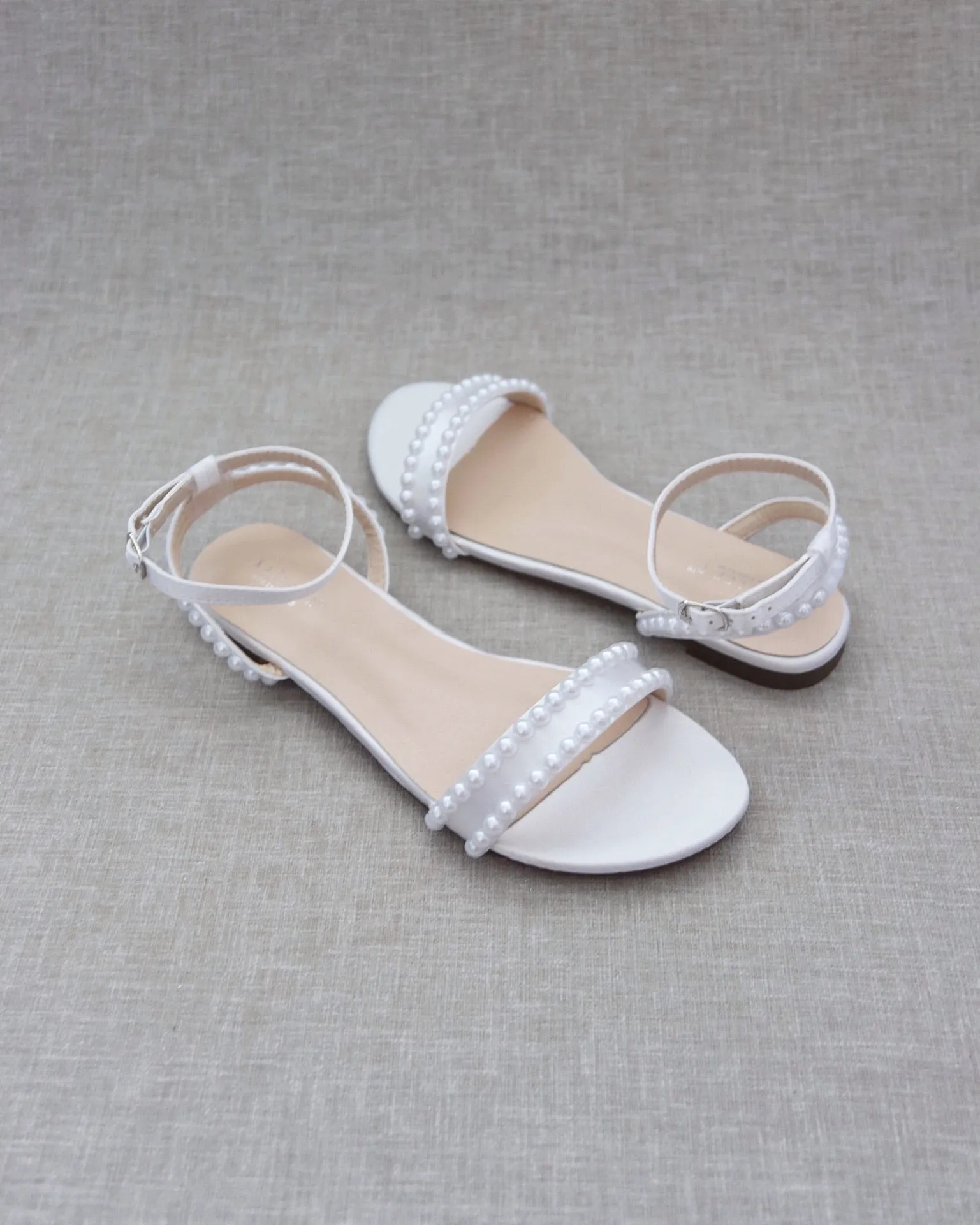 Satin Flat Sandal with Pearls and Ankle Strap