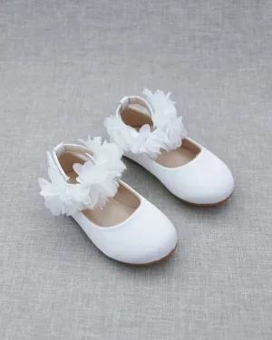 Satin Flats with Chiffon Flowers Ankle Strap