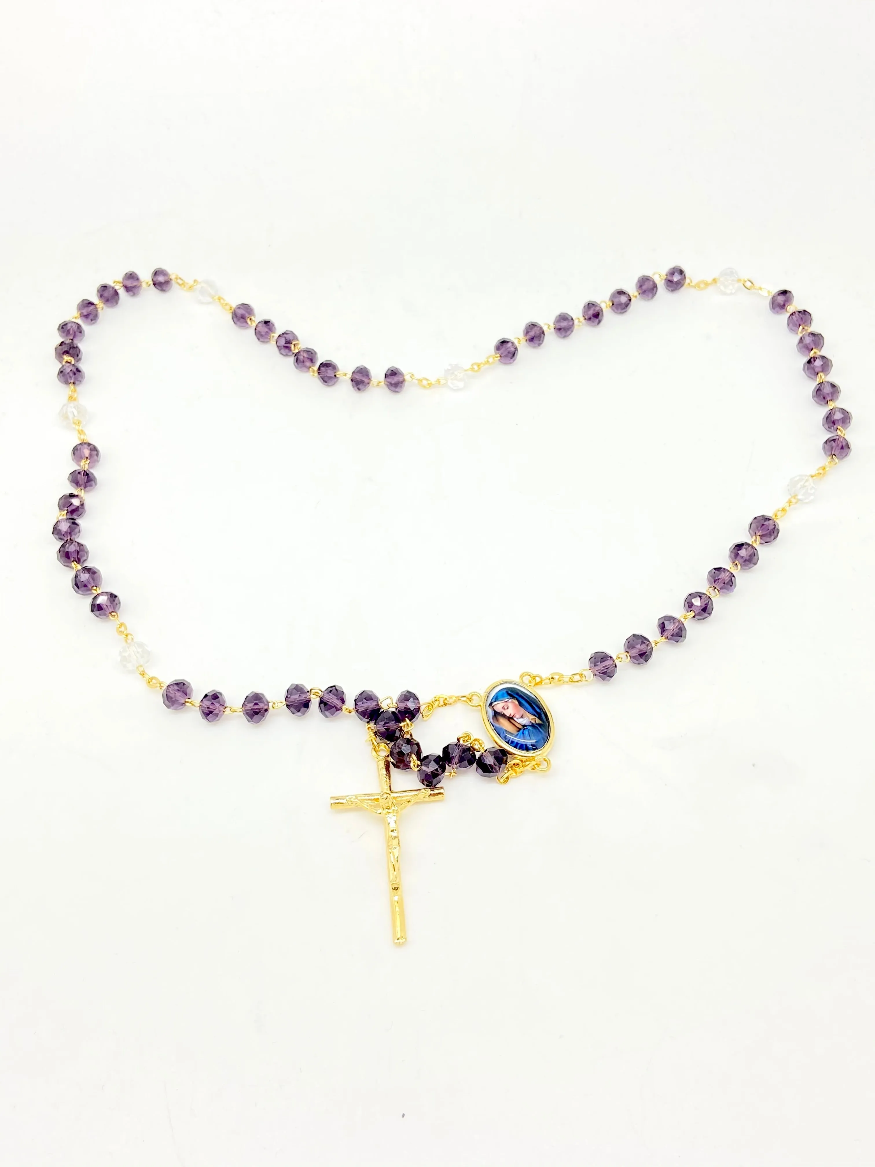 Seven Sorrows Purple Crystal Rosary -Gold