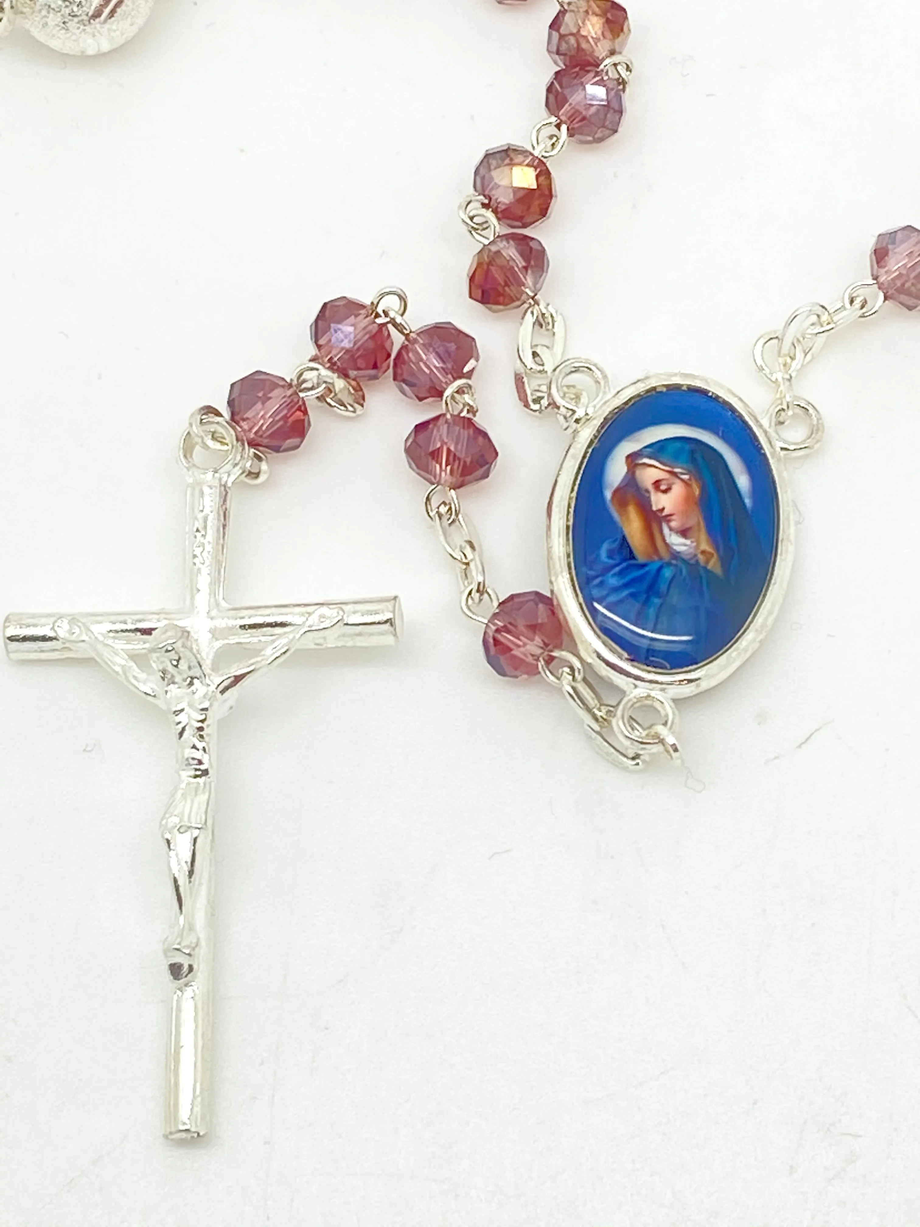 Seven Sorrows Purple Crystal Rosary - Silver