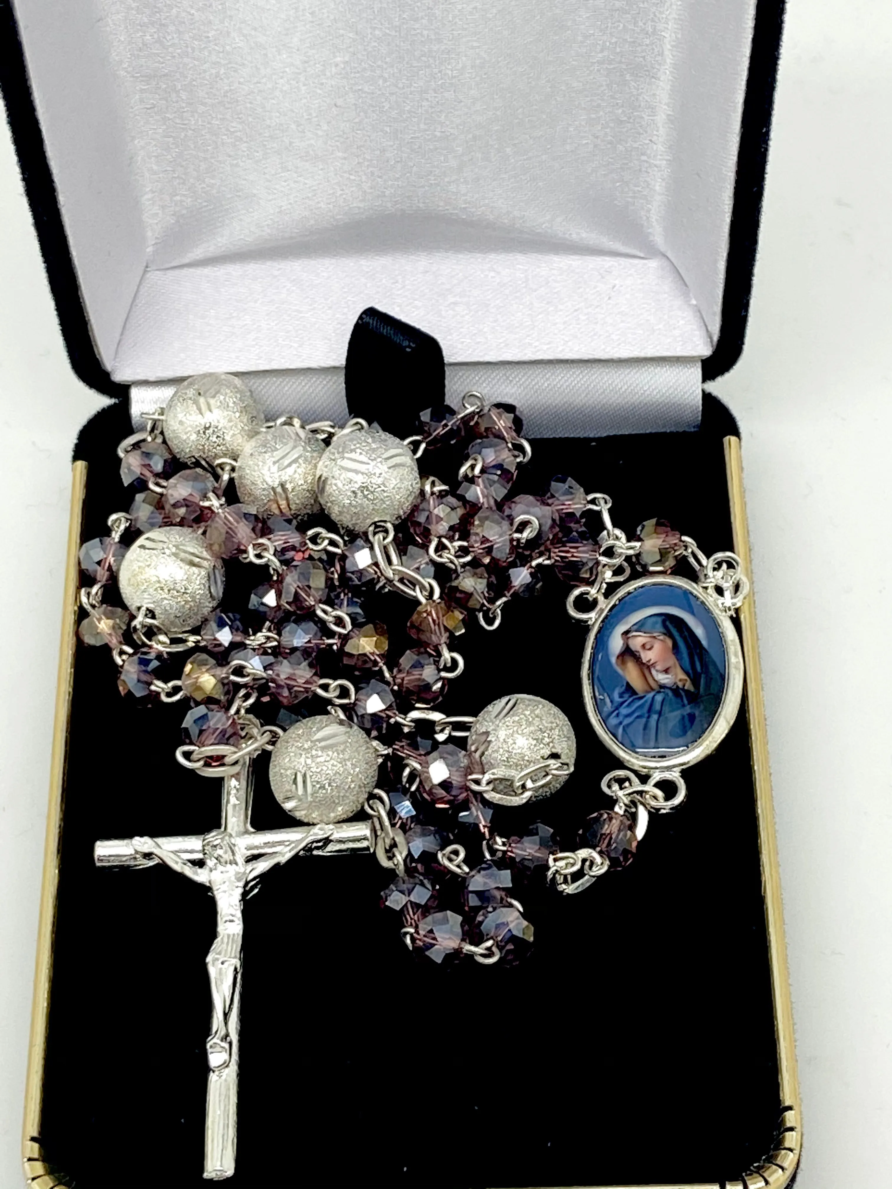 Seven Sorrows Purple Crystal Rosary - Silver