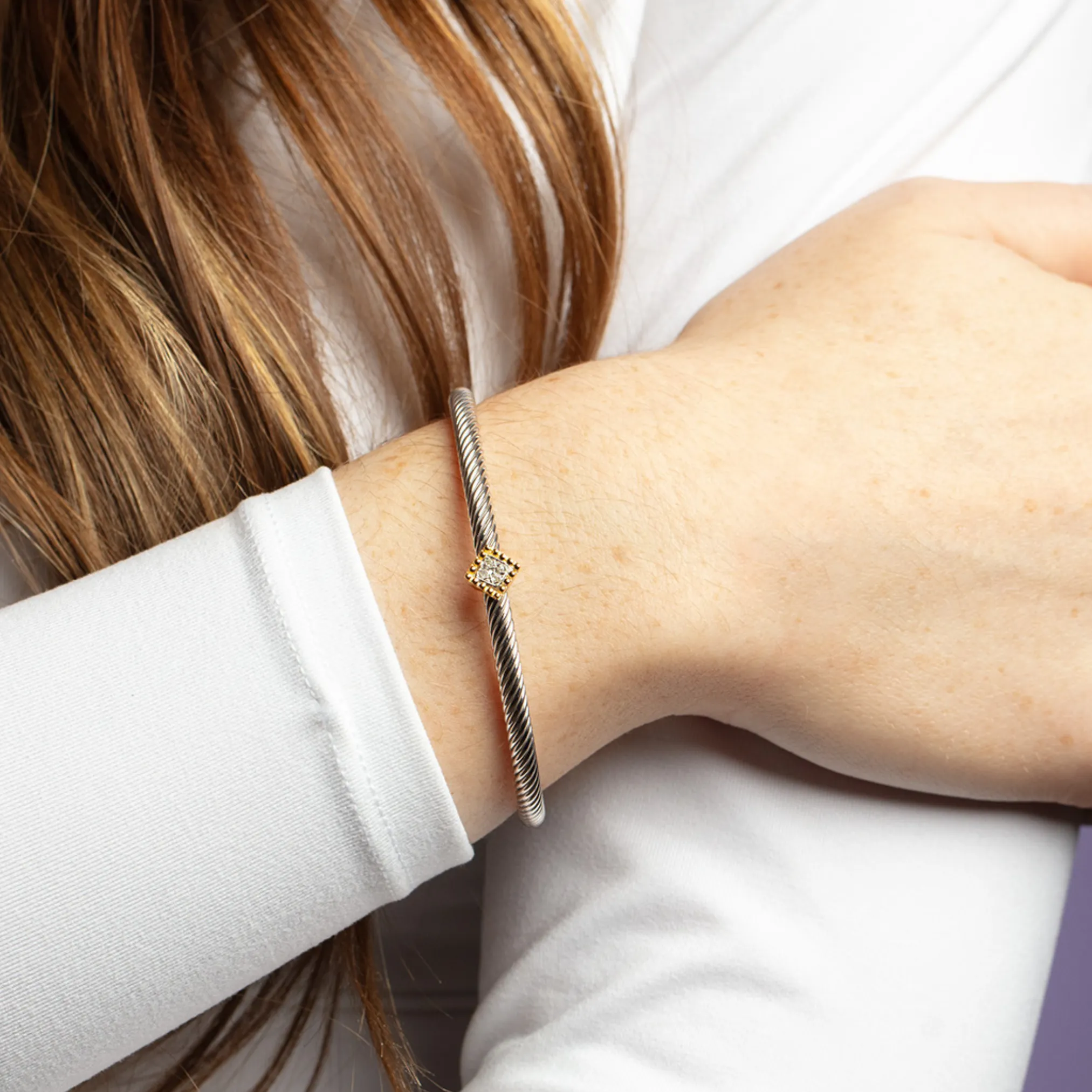 Silver & 18K Twist Square Diamond Cuff Bangle