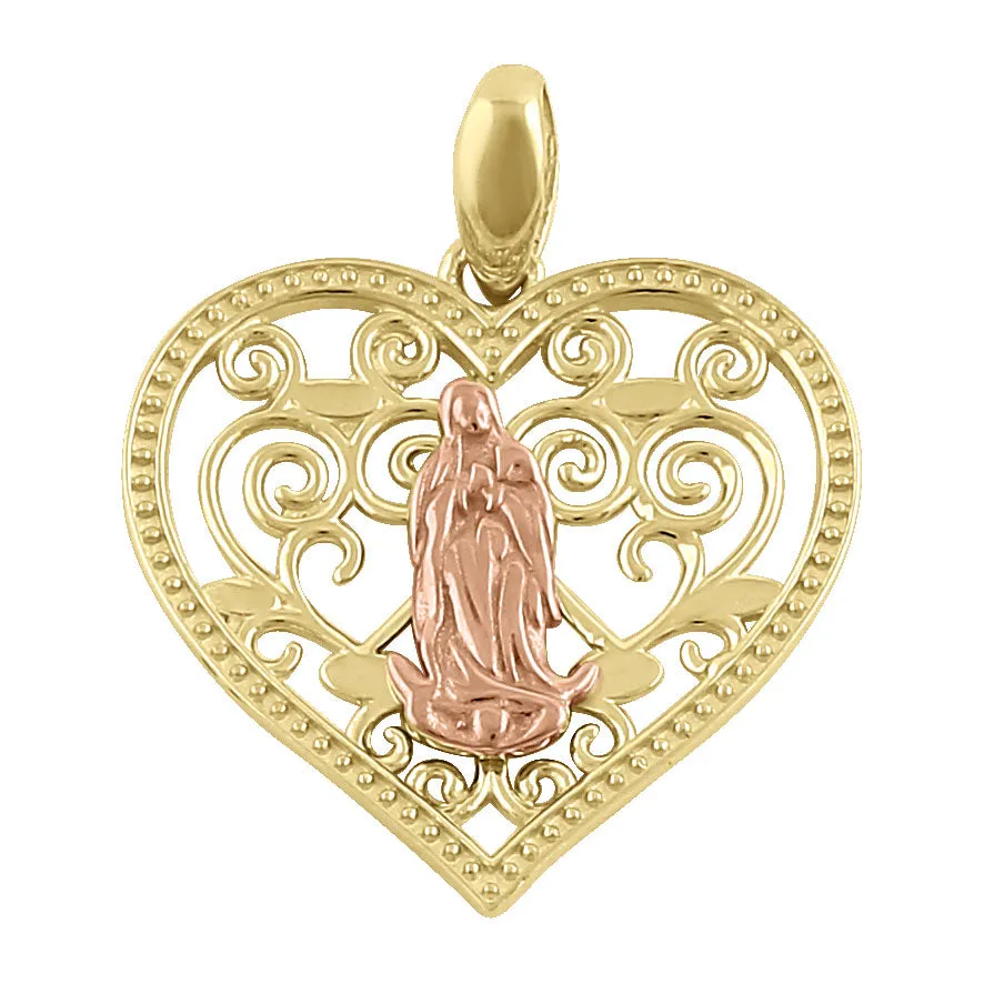Solid 14K Gold Virgin Mary Heart Pendant