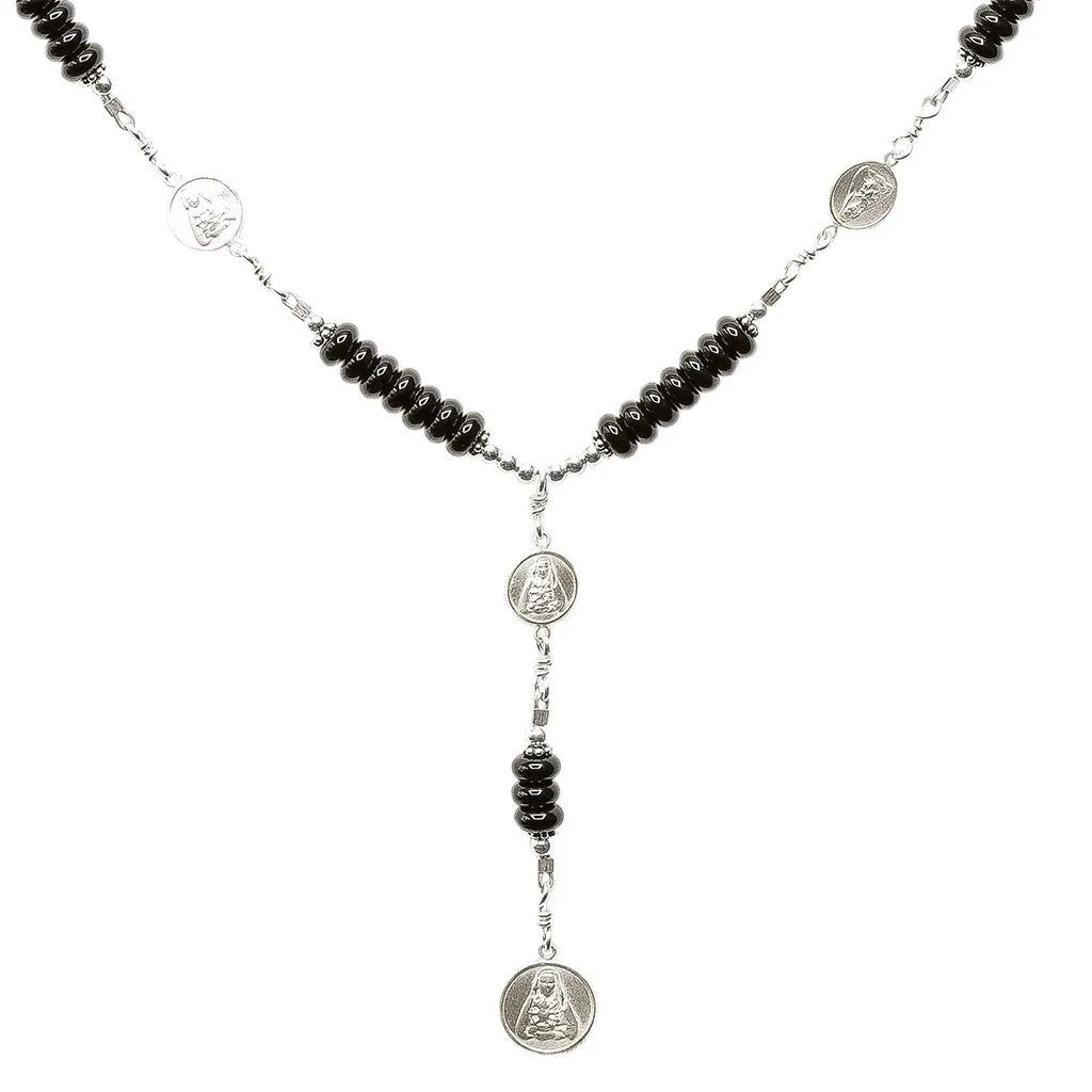 Sterling Silver 7 Sorrows Rosary 6mm Onyx Necklace with 7 Sorrows Medal Set