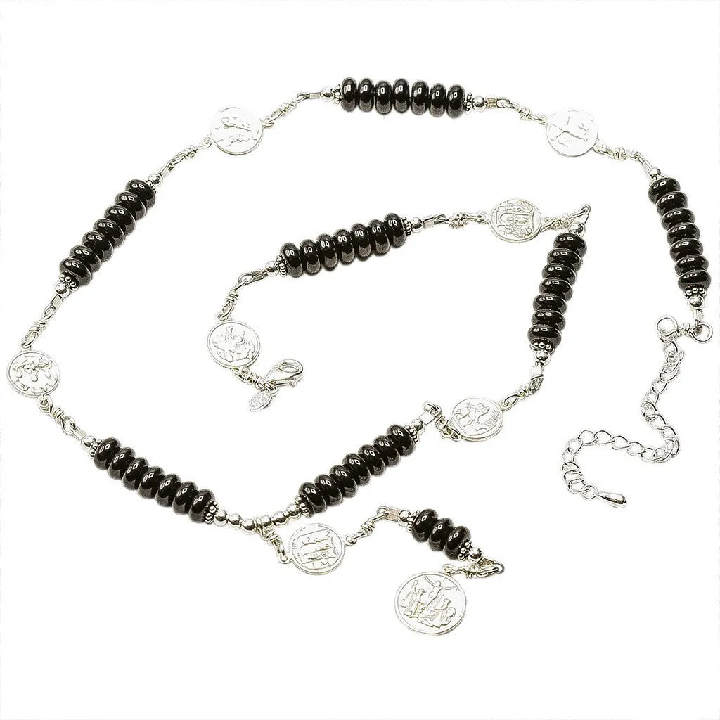 Sterling Silver 7 Sorrows Rosary 6mm Onyx Necklace with 7 Sorrows Medal Set