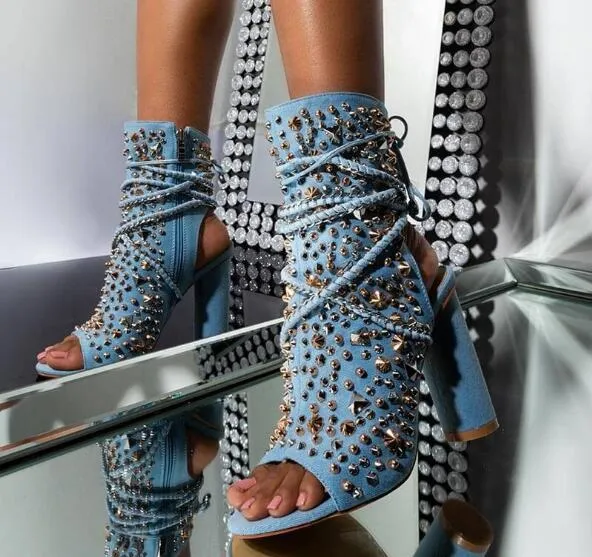 Summer Light Blue Jeans Rivets Slingback Short Boots Woman Chunky Heels Peep Toe Spikes Lace Up Booties Ankle Boots