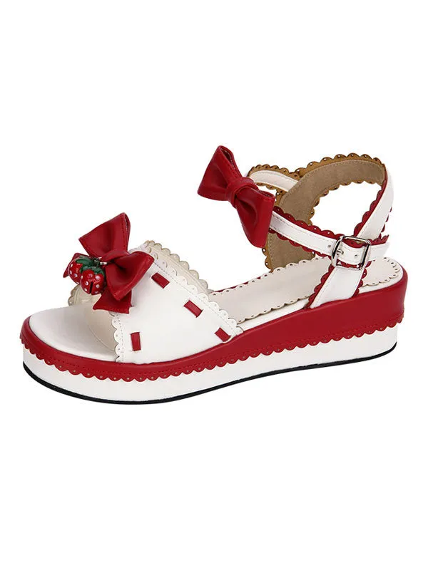 Sweet Lolita Shoes Open Toe Wedge Heel Bows PU Flat Blue Lolita Sandals