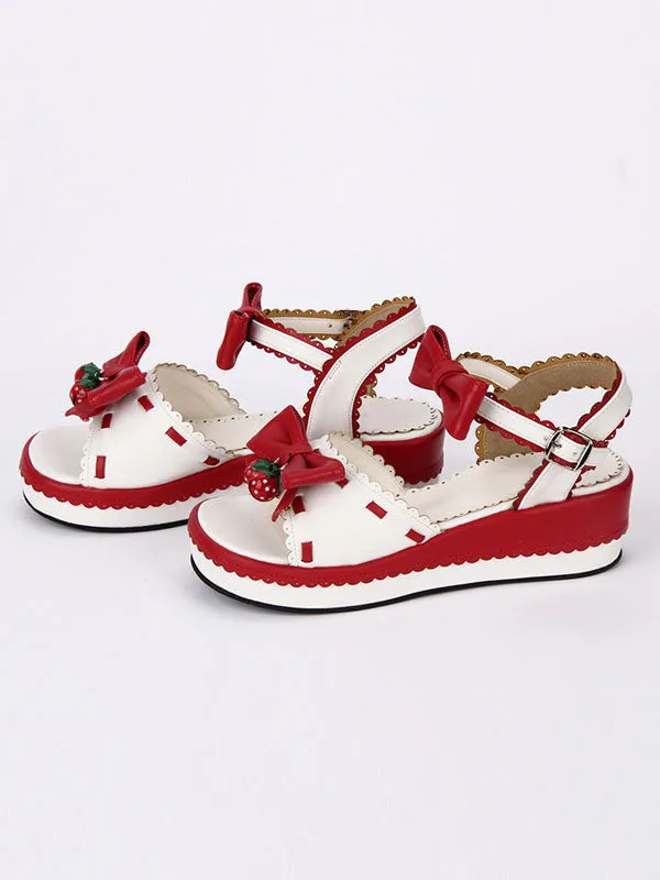 Sweet Lolita Shoes Open Toe Wedge Heel Bows PU Flat Blue Lolita Sandals