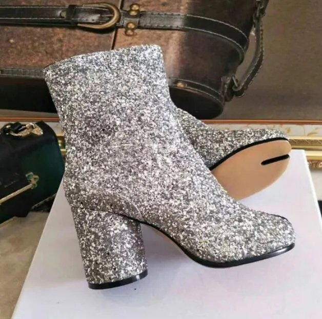 Tabi Split-toe Women Boots cream-colored Leather Buckle Chunky Block Heels Booties Botas Feminina Shoes Woman