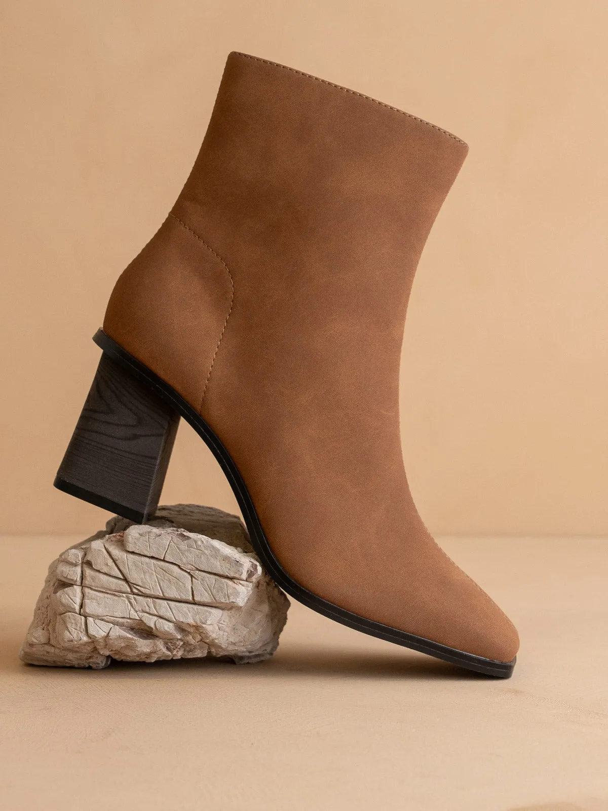 The Vera | Brown Square toe ankle boot with funky architectural heel