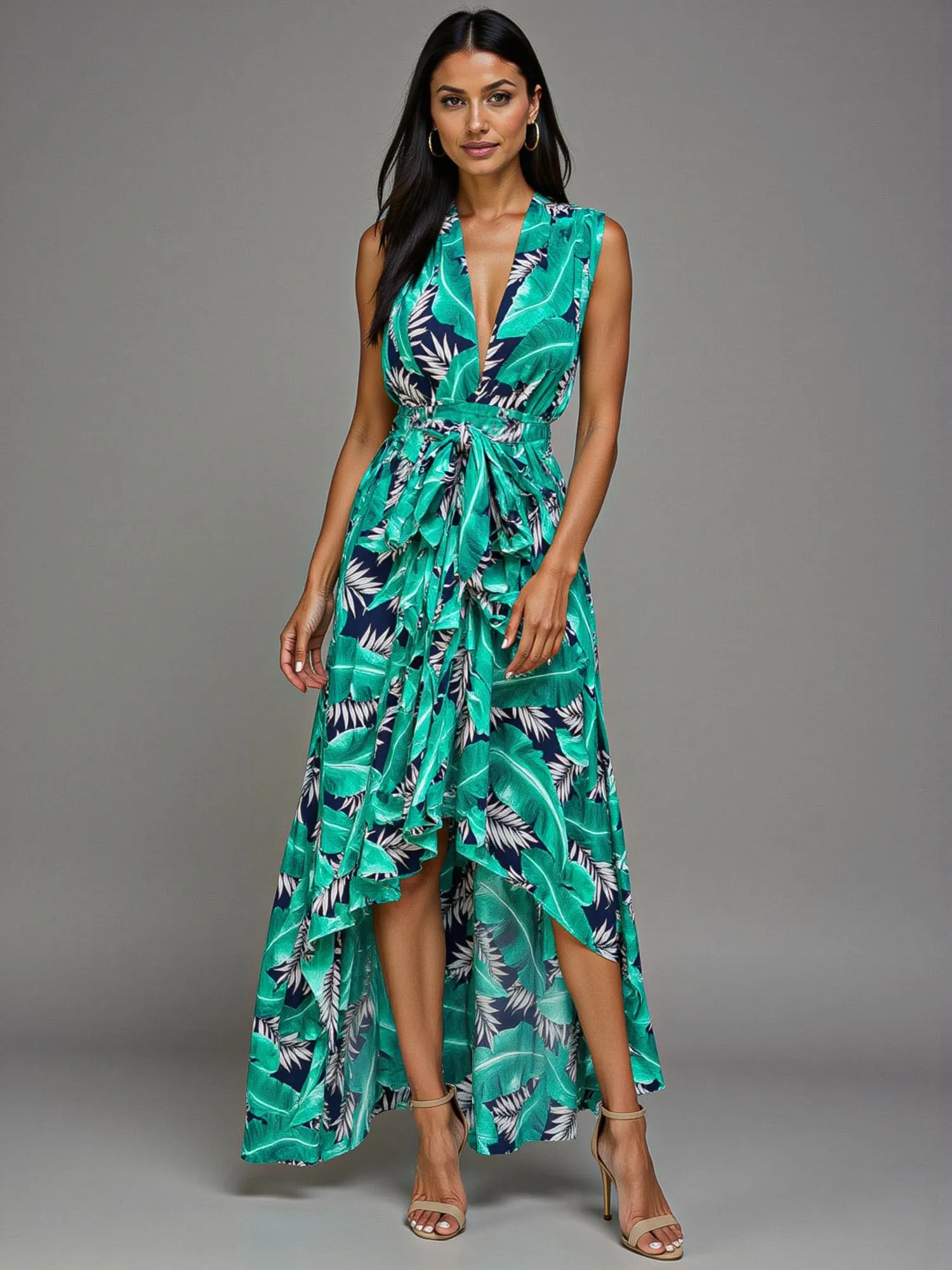 V Neck Tropical High Low Maxi Dress