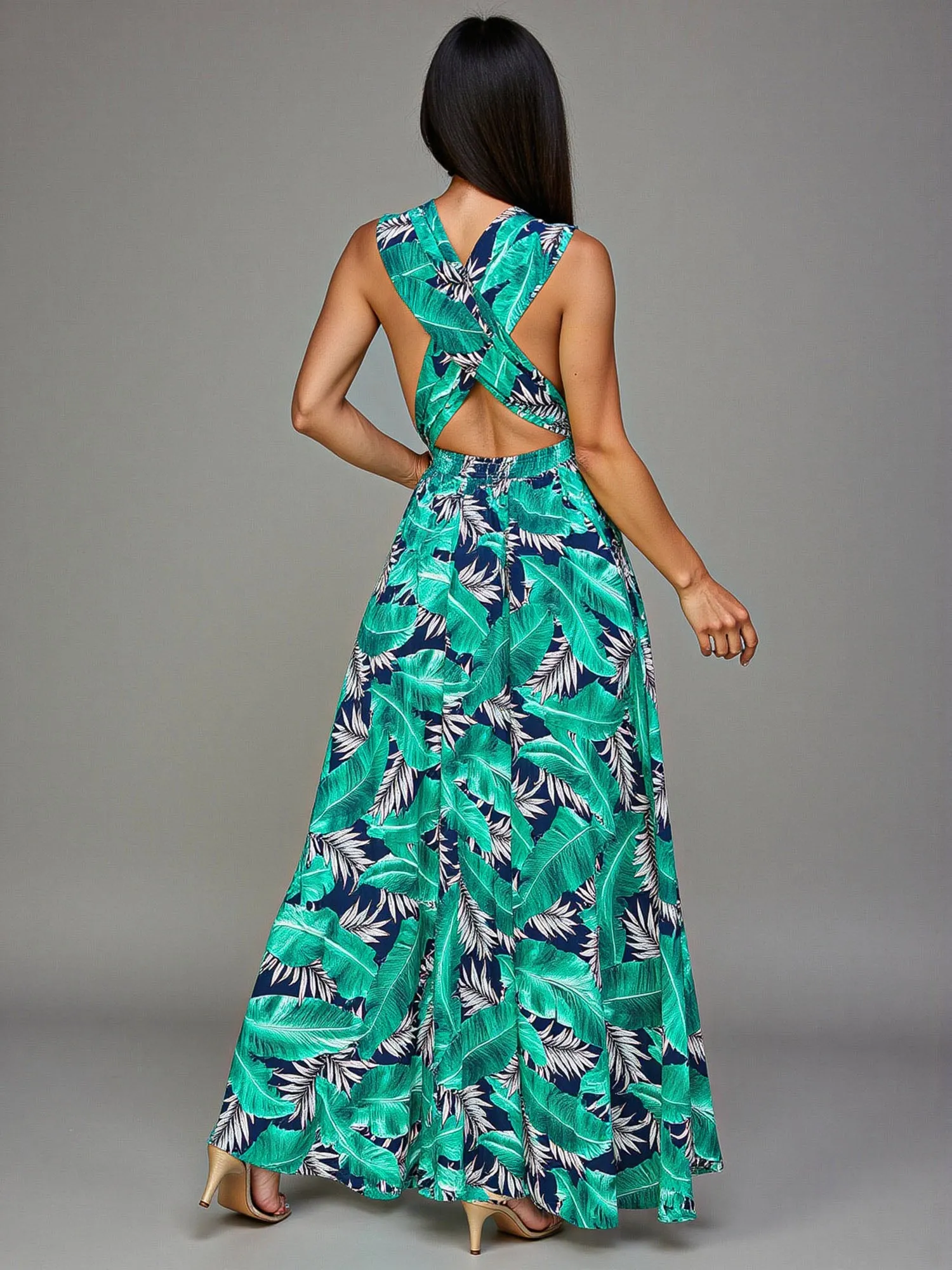 V Neck Tropical High Low Maxi Dress