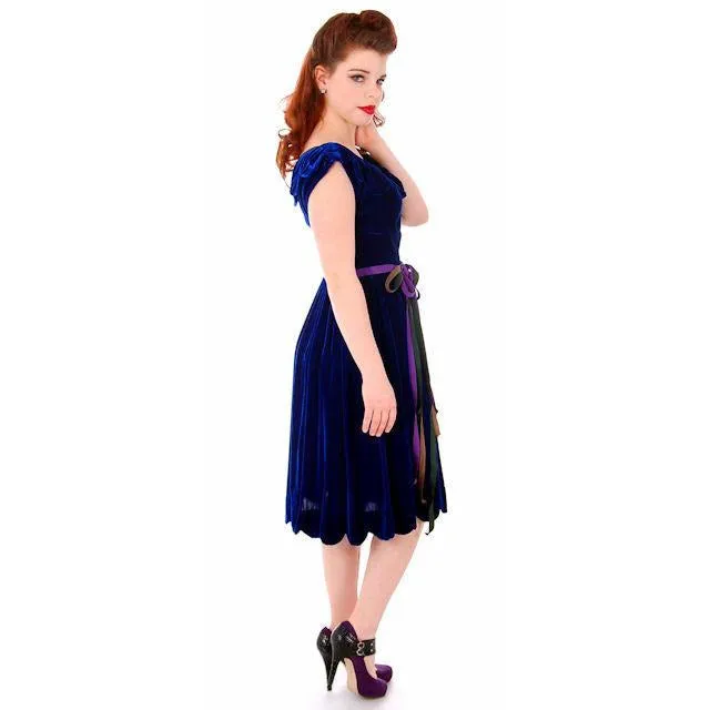 Vintage Sapphire Blue Velvet Party Dress 1940s Mary Muffet Limited Small NWT