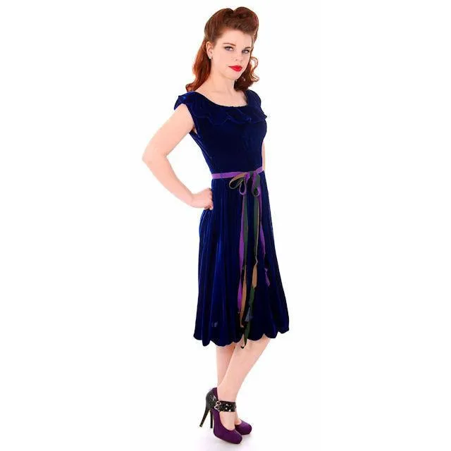 Vintage Sapphire Blue Velvet Party Dress 1940s Mary Muffet Limited Small NWT