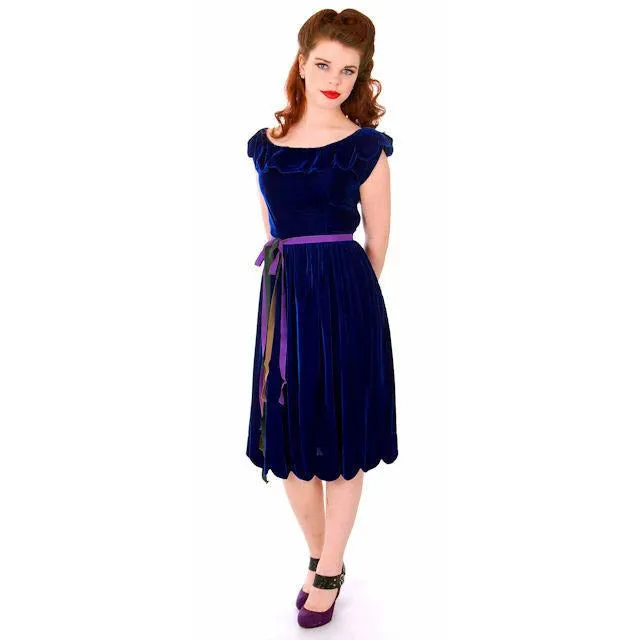Vintage Sapphire Blue Velvet Party Dress 1940s Mary Muffet Limited Small NWT