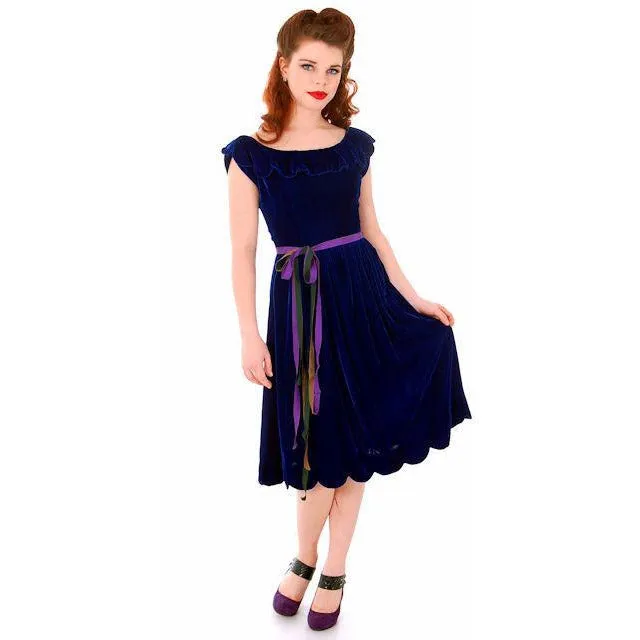 Vintage Sapphire Blue Velvet Party Dress 1940s Mary Muffet Limited Small NWT