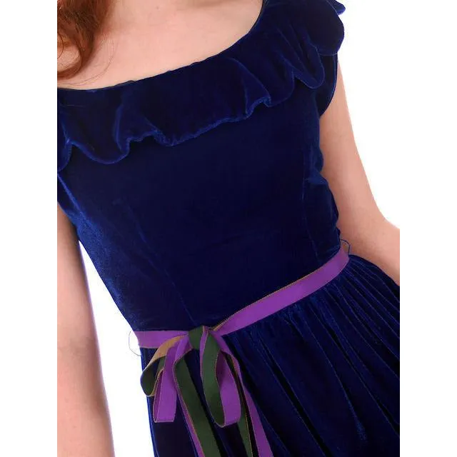 Vintage Sapphire Blue Velvet Party Dress 1940s Mary Muffet Limited Small NWT