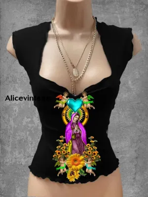 Vintage Virgin Mary Art Print V-Neck Casual Top