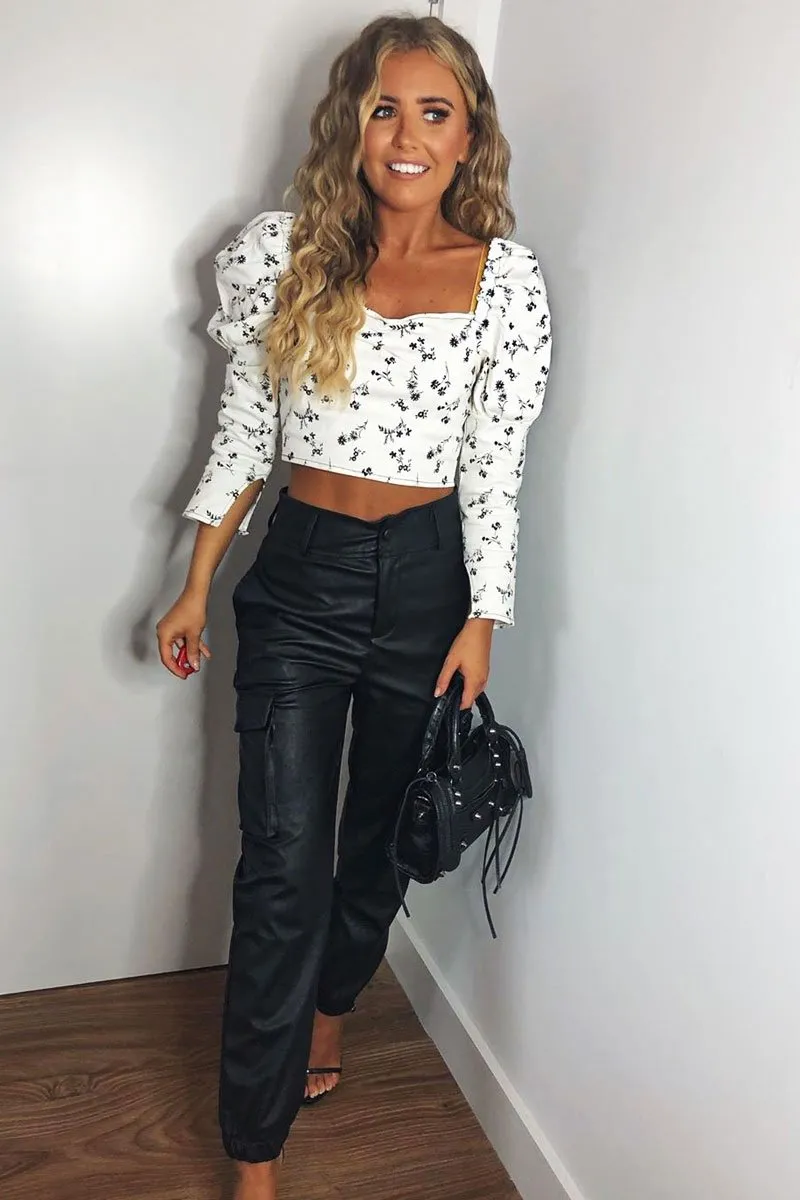 White Black Floral Puff Sleeve Zip Back Crop Top - Carie