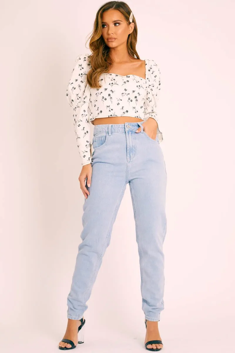 White Black Floral Puff Sleeve Zip Back Crop Top - Carie