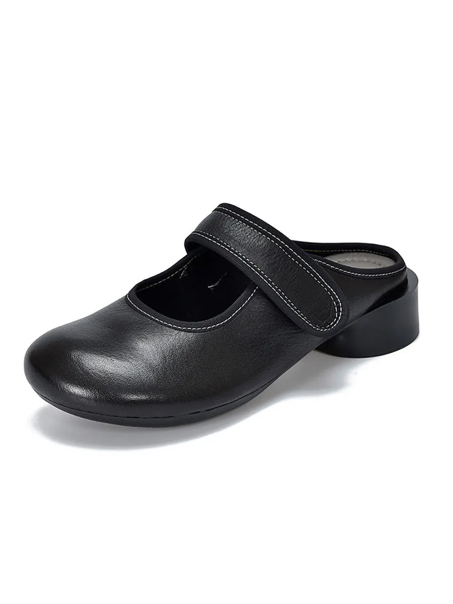 Women Artsy Genuine Leather Mary Jane Low Heel Slippers