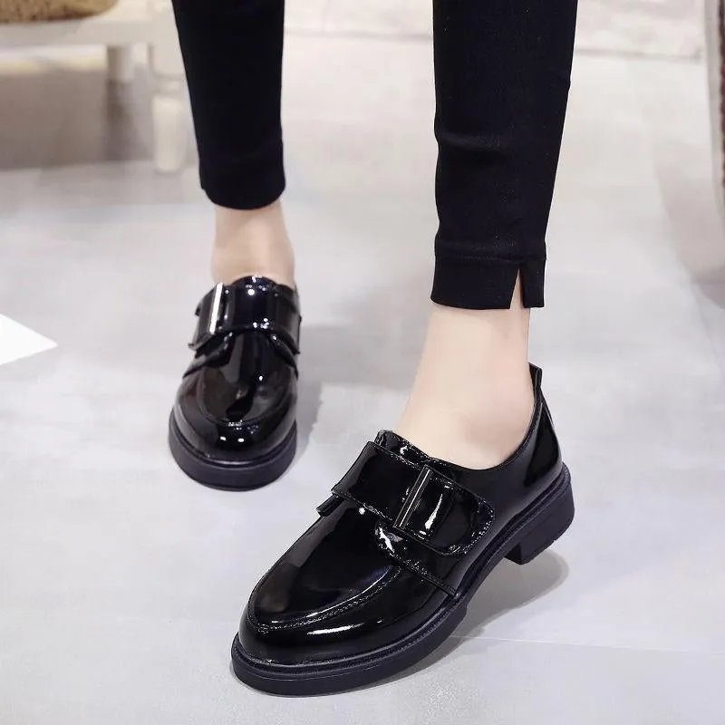 Women Shoes Loafers Patent Leather Low Heels Hook & Loop Footwear