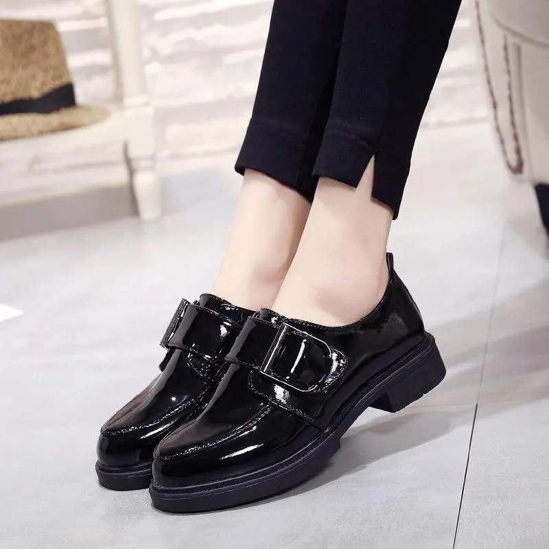 Women Shoes Loafers Patent Leather Low Heels Hook & Loop Footwear